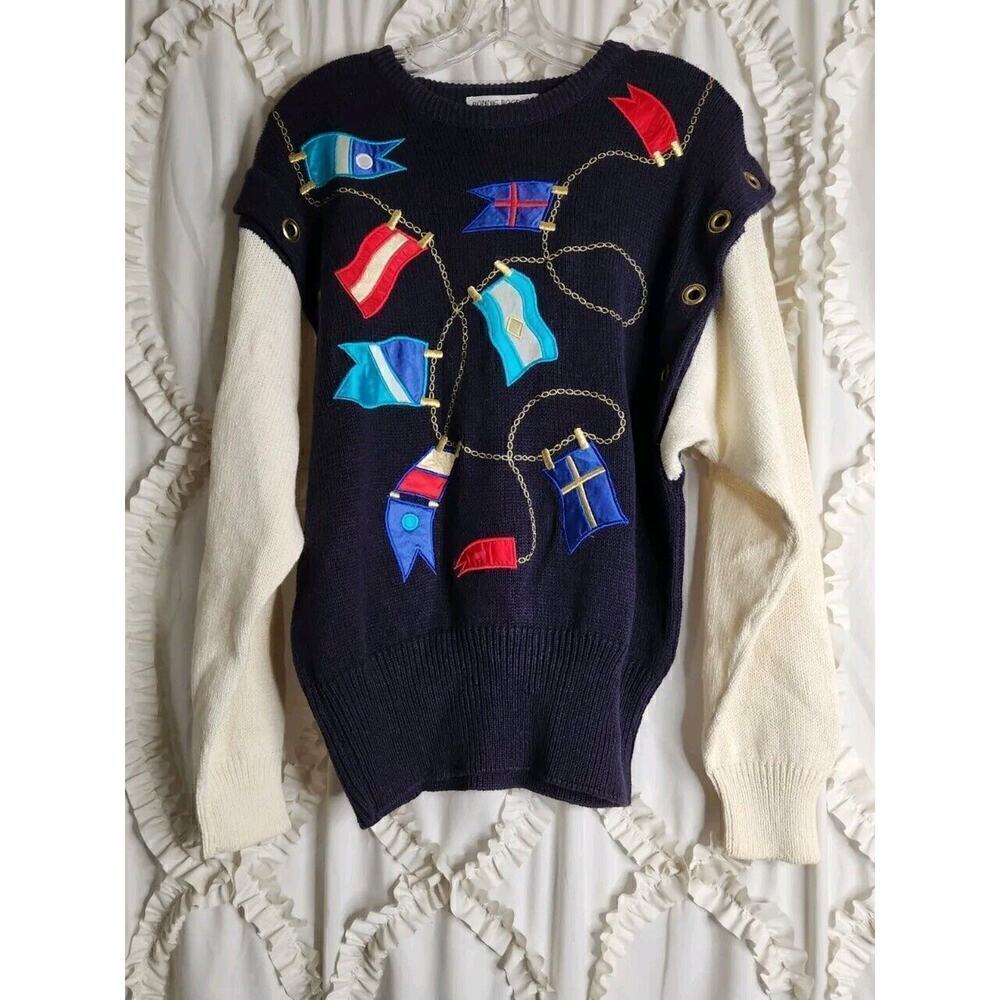 Bonnie Boerer Vintage Grommet Nautical Yacht Flag Sweater Size MEDIUM